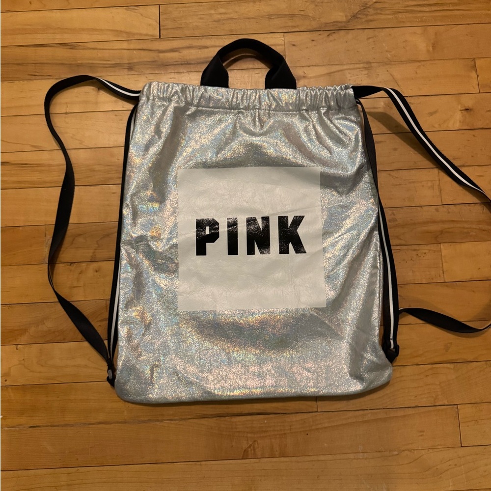 PINK Victoria's Secret Silver Black Drawstring Backpack